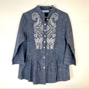 BLEU BAYOU denim 3/4 sleeve pleated front and cuffs beaded embroidered f…
